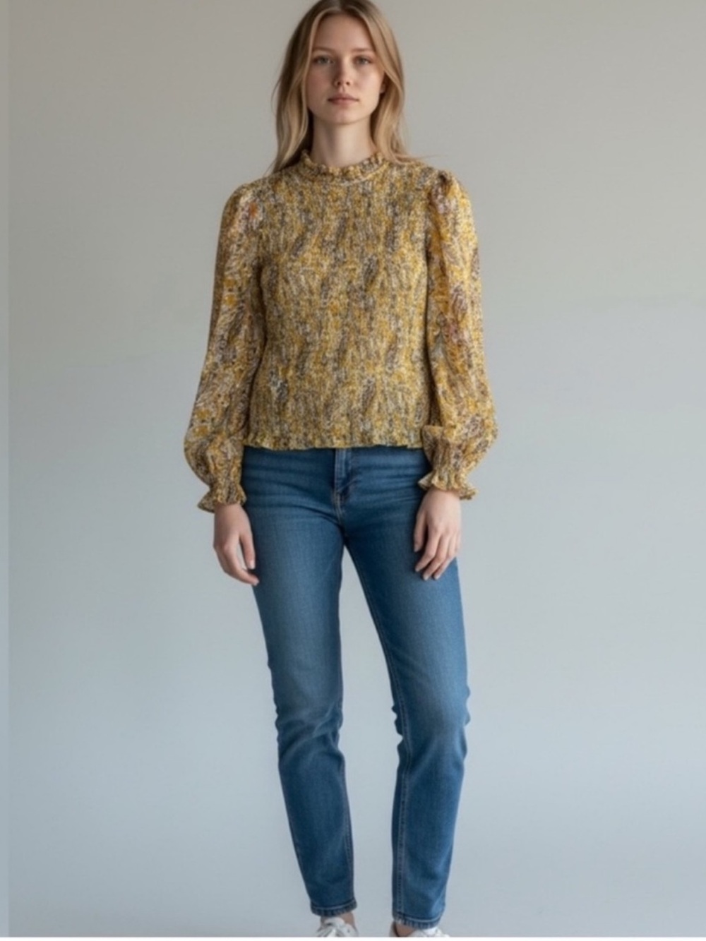 Joie mustard yellow paisley print smocked bodice long sleeve blouse top medium